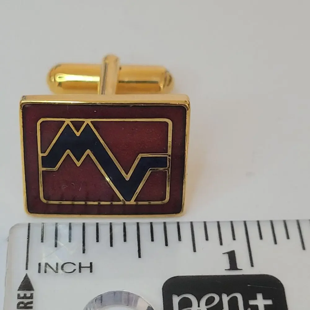 Mario Valentino MV Gold Red Black Tone Rectangle‎ Logo Cufflinks Designer Retro